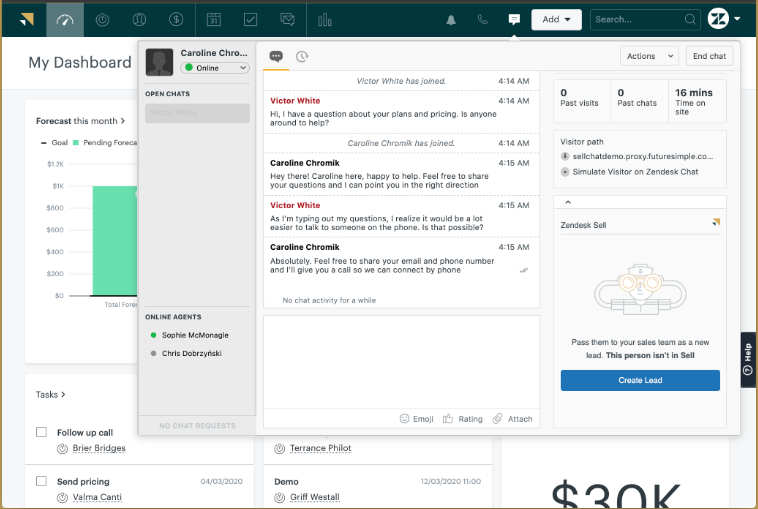 Chat App in Zendesk Sell [Zendesk Chat and Sell App Integration. Sales, Leads, Opportunities, Deals, Conversations. Zendesk CRM and Sales Automation]