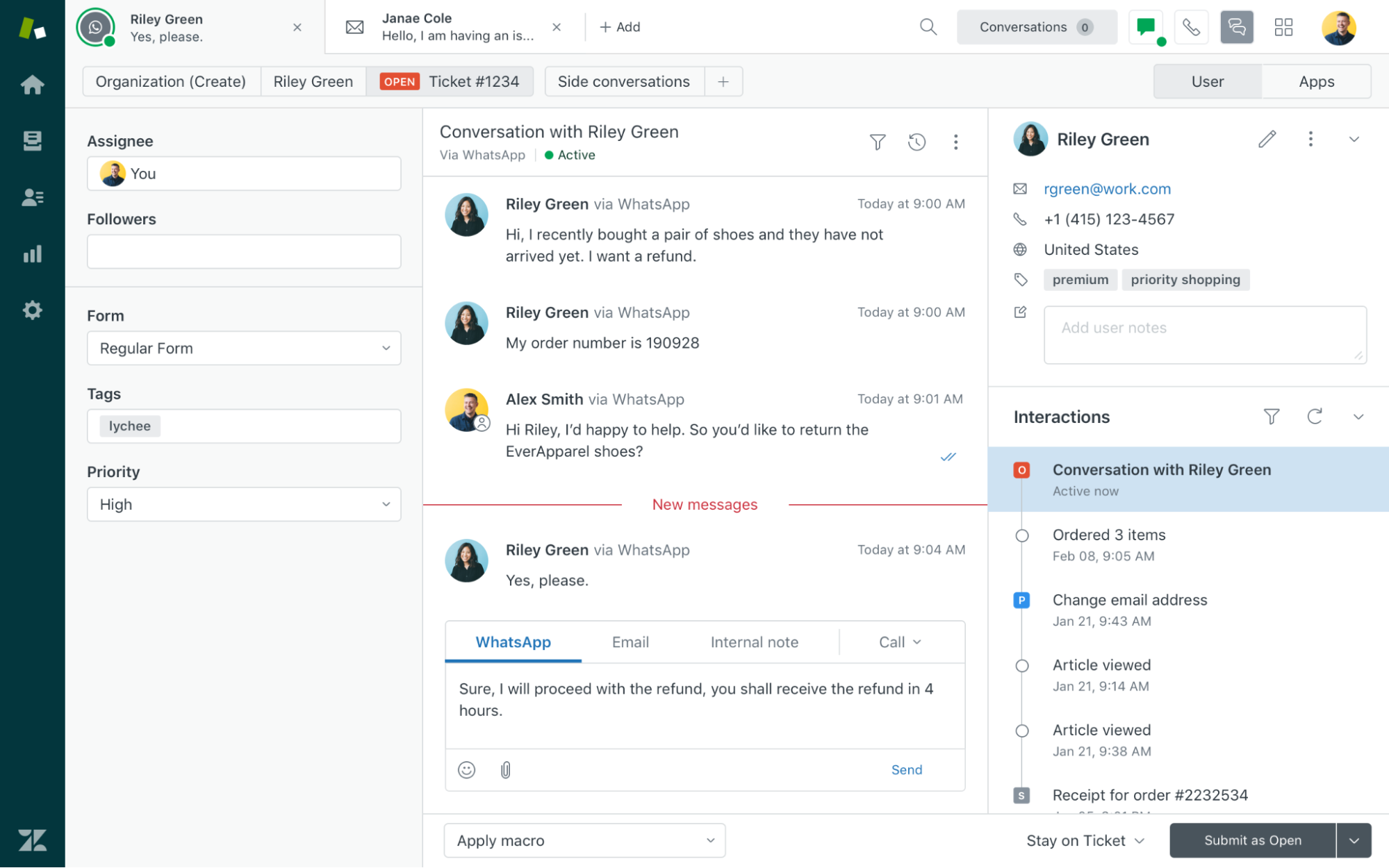 WhatsApp conversation in the Agent Workspace of Zendesk Suite [Zendesk Support integrates with popular social messaging apps for an omnichannel customer experience: WhatsApp, WeChat, LINE, Facebook Messenger, Twitter Direct Messenger and Instagram Direct Messenger]