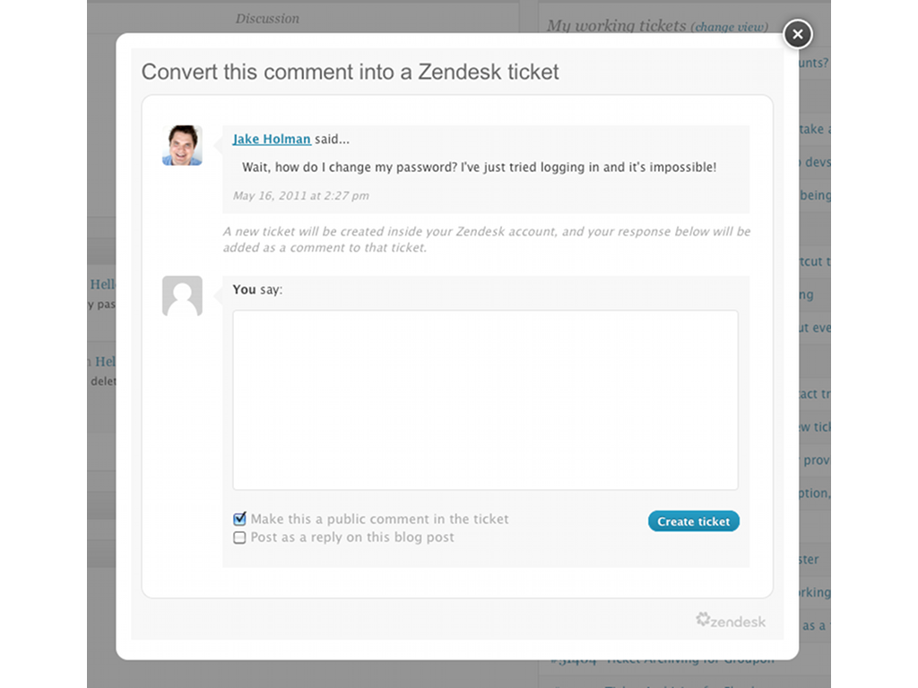 Convert a comment in Wordpress into a Zendesk<sup>®</sup> ticket [Wordpress and Zendesk<sup>®</sup> Integration Plugin. Website and blog Support. CRM, Customer Experience (CX) and Content Management System (CMS)]